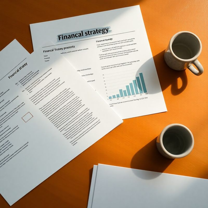 Documente de strategie financiară așezate ordonat pe un birou din lemn cald